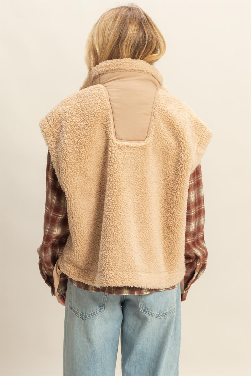 Beige Cozy Sherpa Vest Jacket With Tie-up Side Details