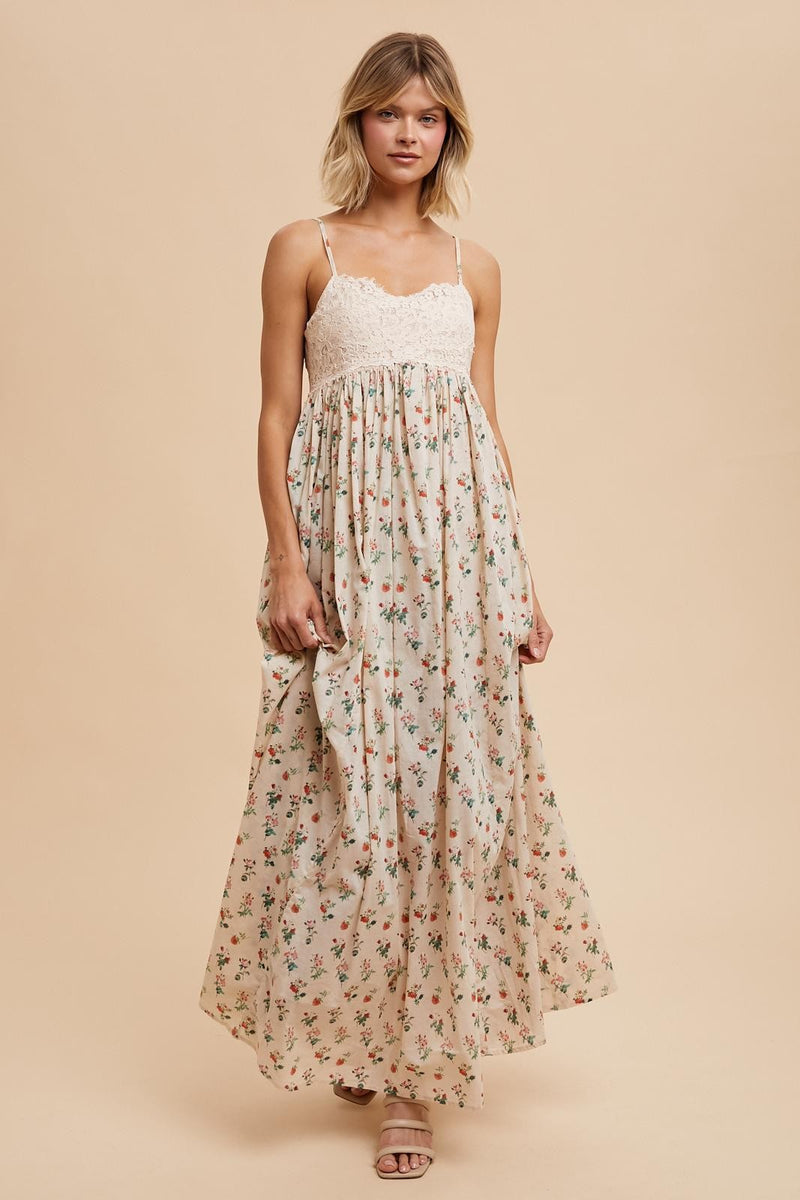 LACE CONTRAST COTTON FLORAL MAXI DRESS in Rose Peach