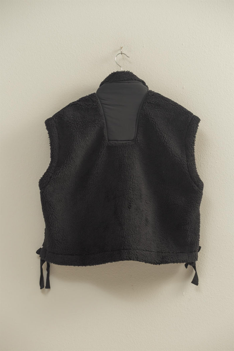 Black Cozy Sherpa Vest Jacket With Tie-up Side Details