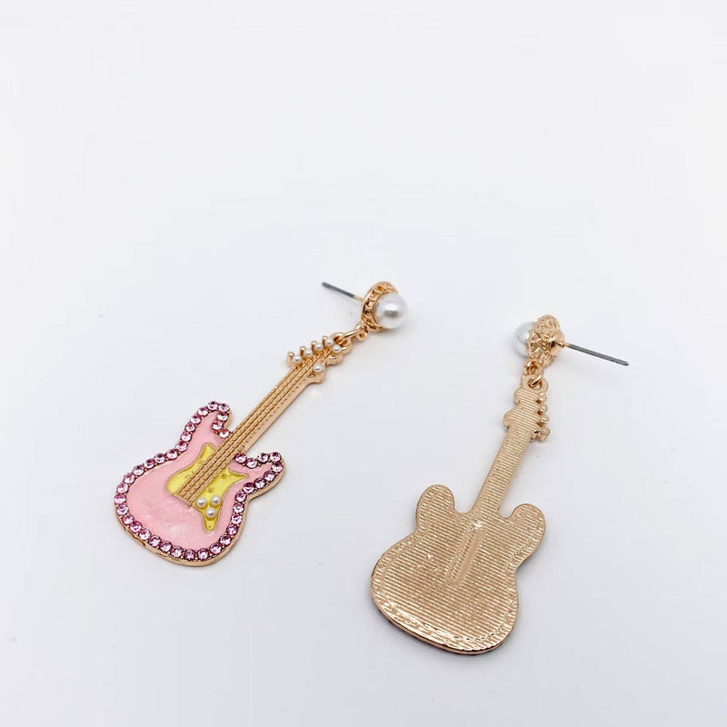Pink Rhinestone Enamel Guitar Post Earrings