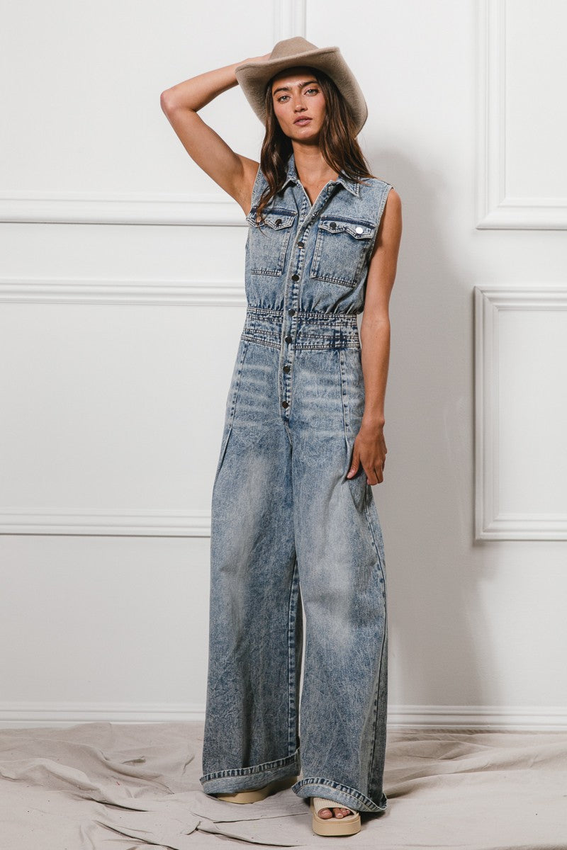 WIDE LEGS WASHED DENIM SLEEVELESS JUMPER (S-XL)