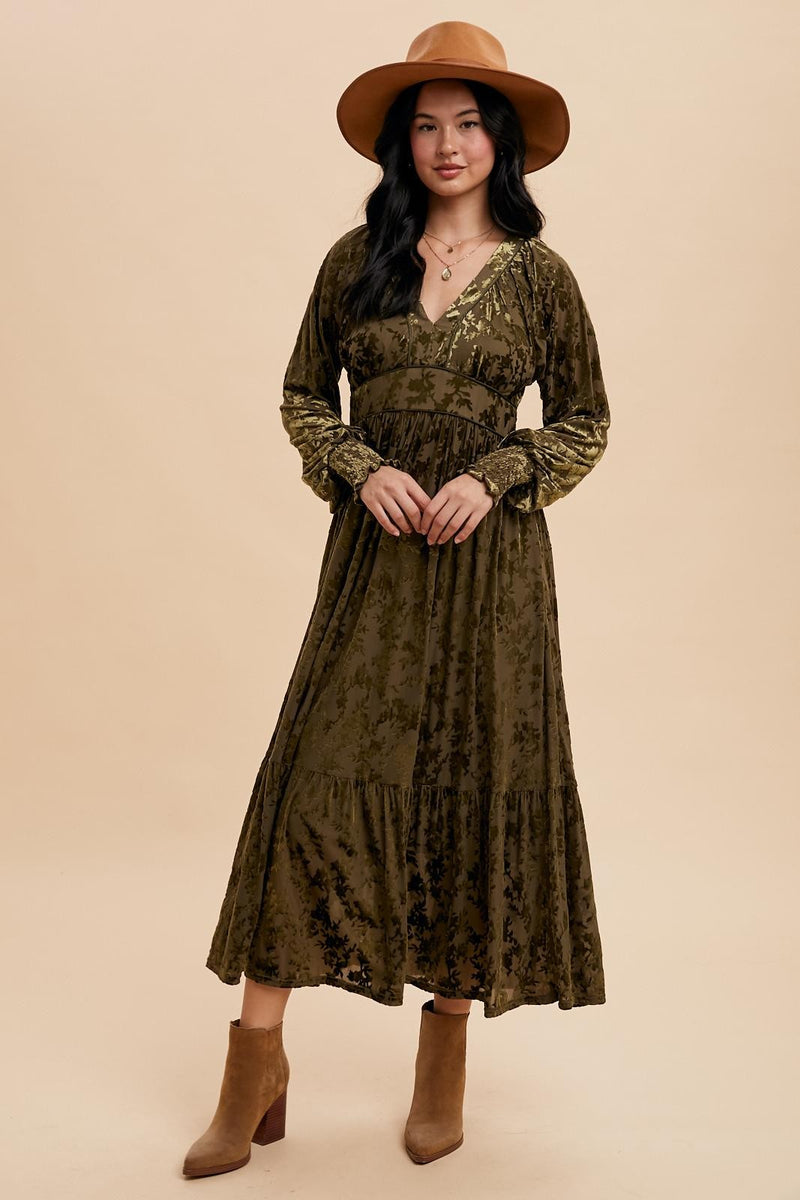 VELVET BURNOUT MAXI DRESS (Olive)