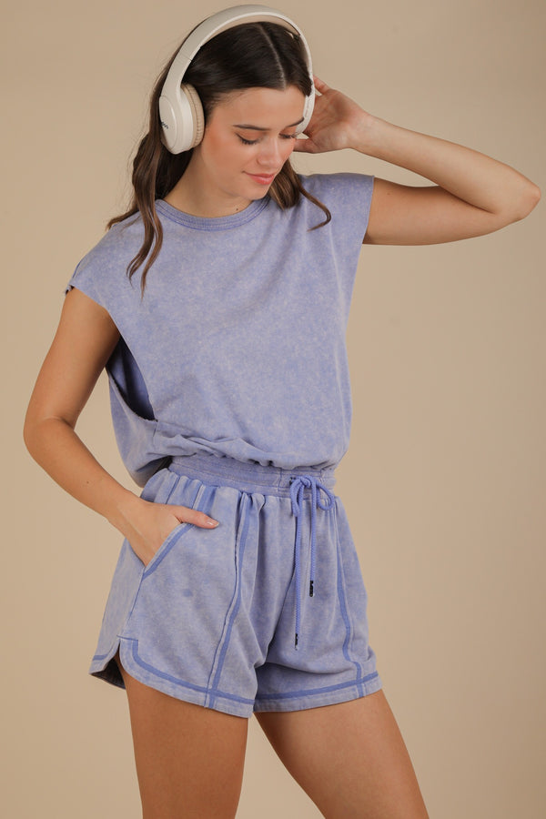 Washed Knit Romper W/ Cutout Back in Blue