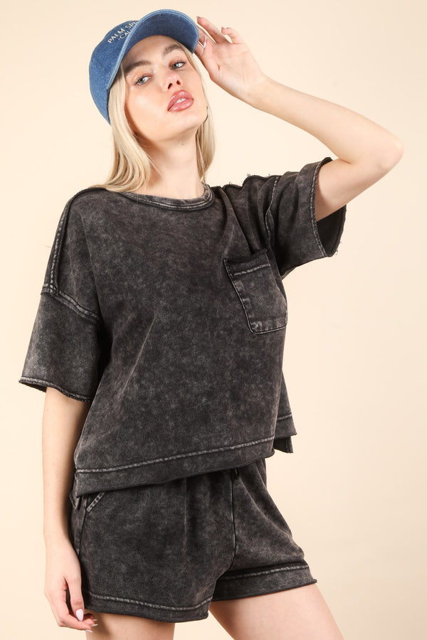 Mineral Washed Comfy Knit Top & Shorts Set in Black (TOP ONLY)