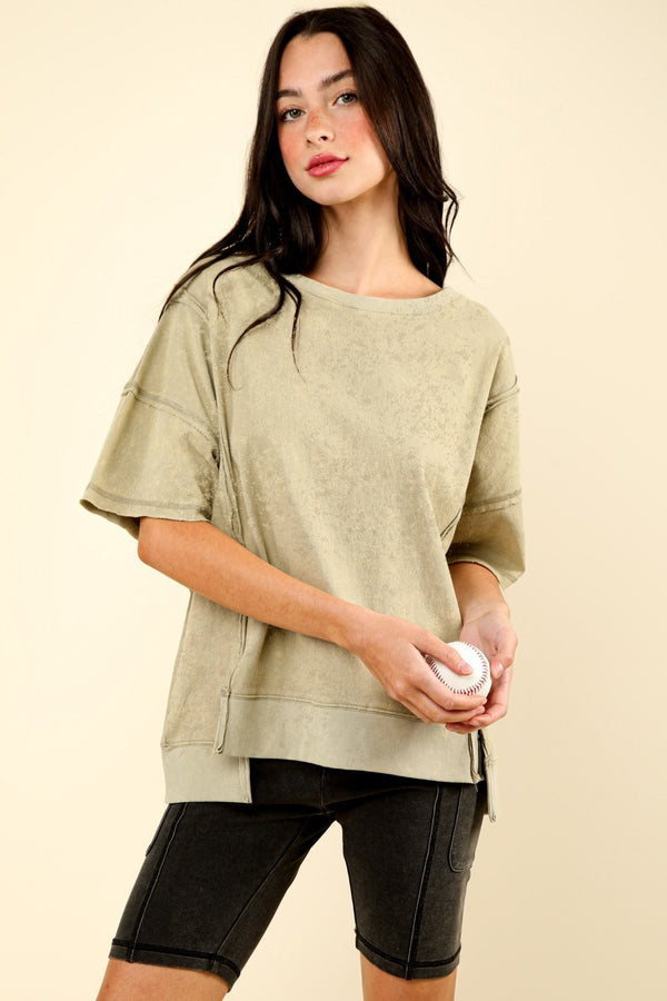 Round Neck Oversized Washed Casual Knit Top in Olive