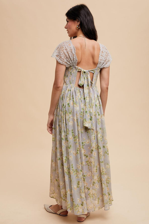 PANELED LACE FLORAL MAXI DRESS in Morning Fog- Final Sale