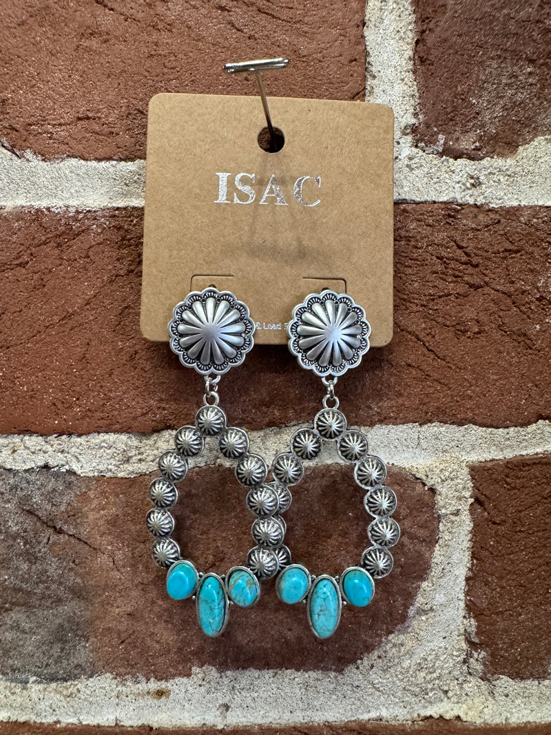 Silver Oval with Triple Turquoise Oval Stones Dangle Post Earrings