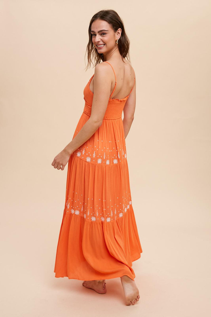 SMOCKED WAIST EMBROIDERED MAXI TIERED DRESS- Final Sale