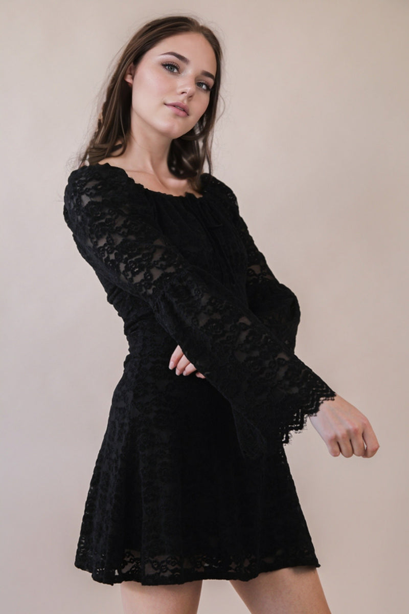 Black Textured Lace Bell Sleeve Mini Dress