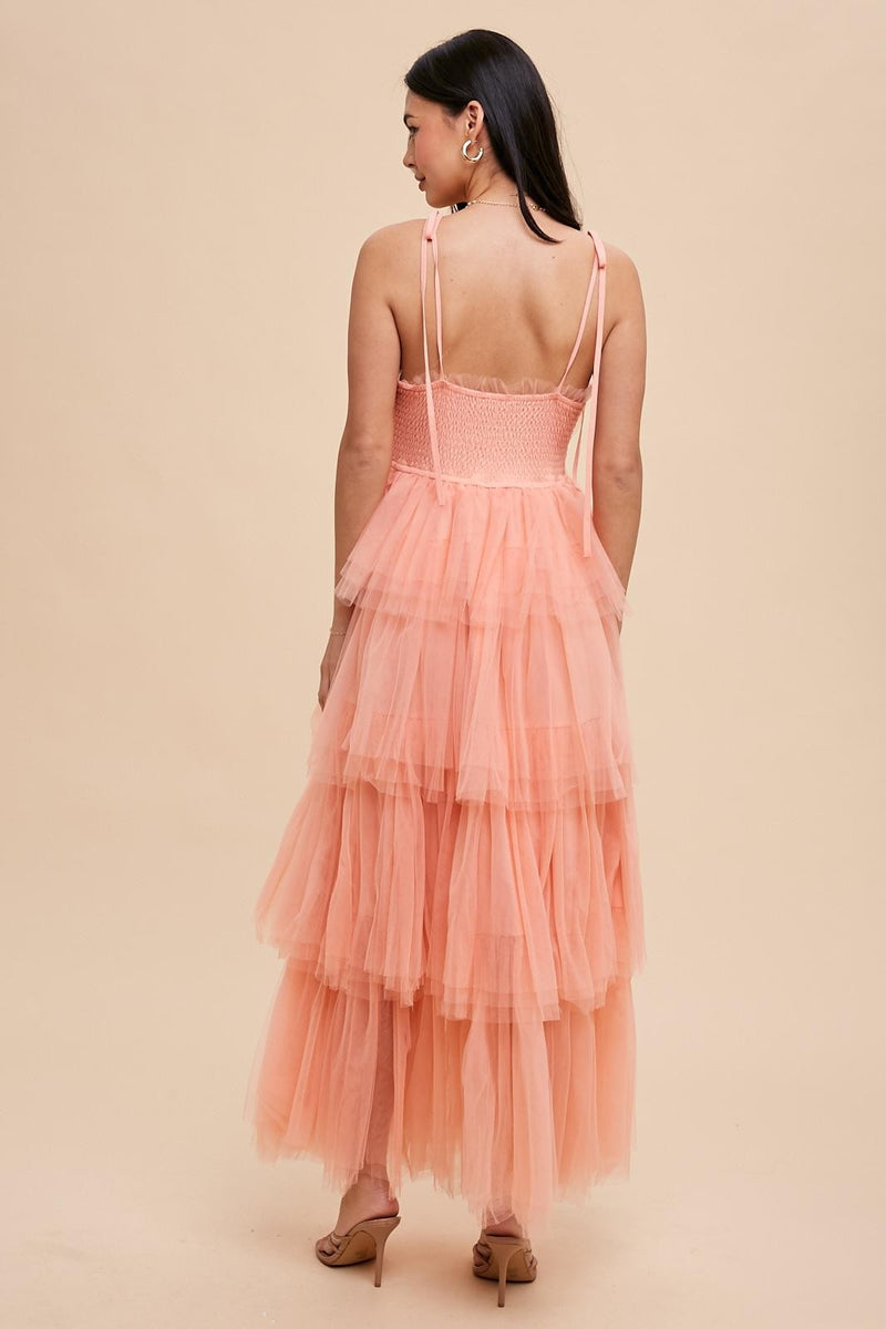 ROMANTIC TIERED MESH RUFFLED DRESS in Apricot
