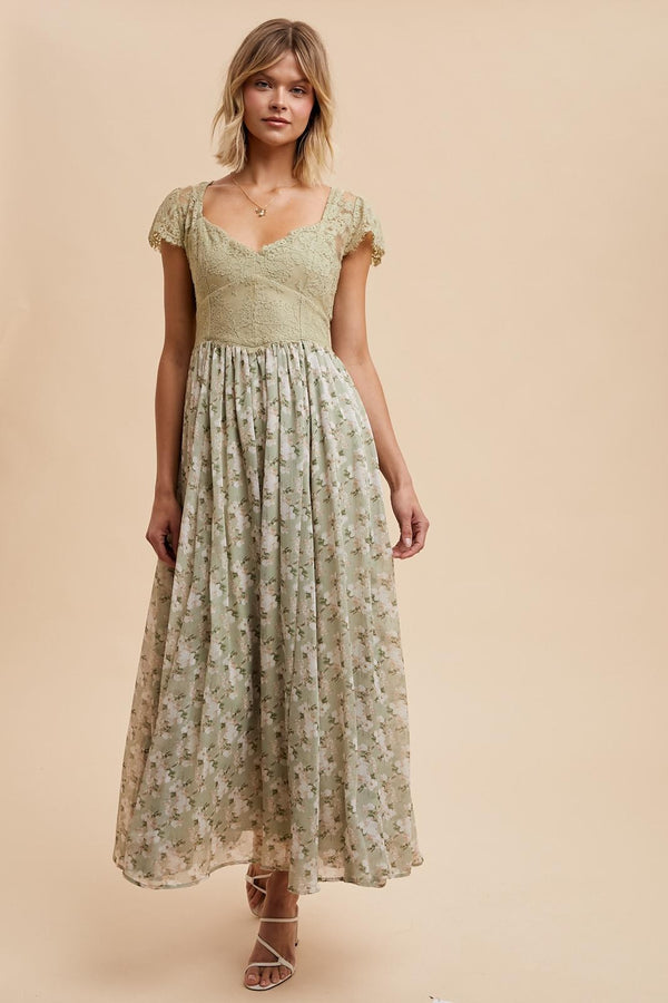 SCALLOPED LACE CONTRAST MAXI DRESS in Moss- Final Sale