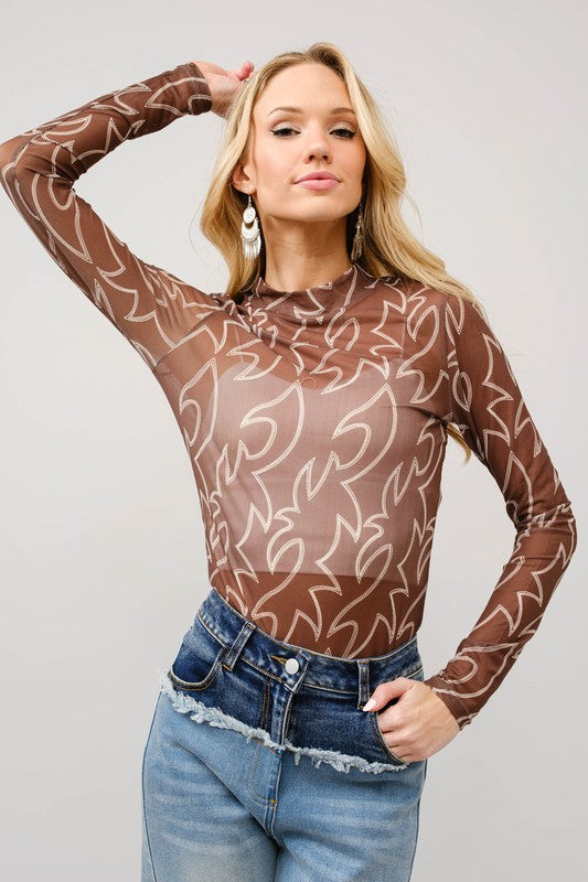Boot Stitch Mock Neck Layering Long Sleeve Top - Brown