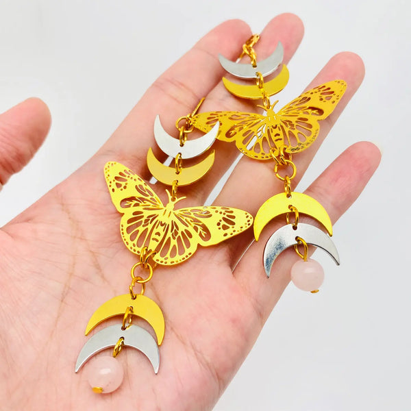 Golden Silver Moon Hollow Gold-plated Moth Pendant Earrings
