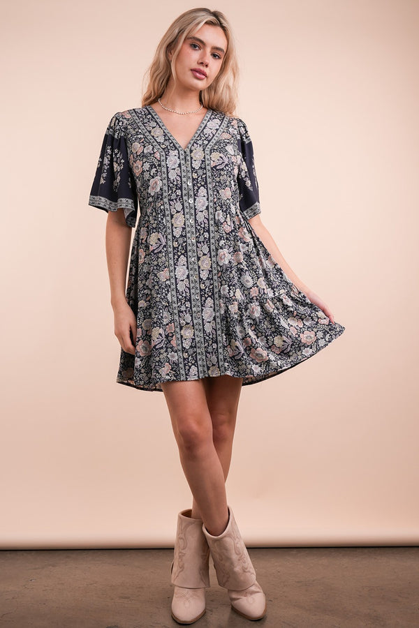 Shirring Detail Printed Woven Mini Dress in Navy Mix