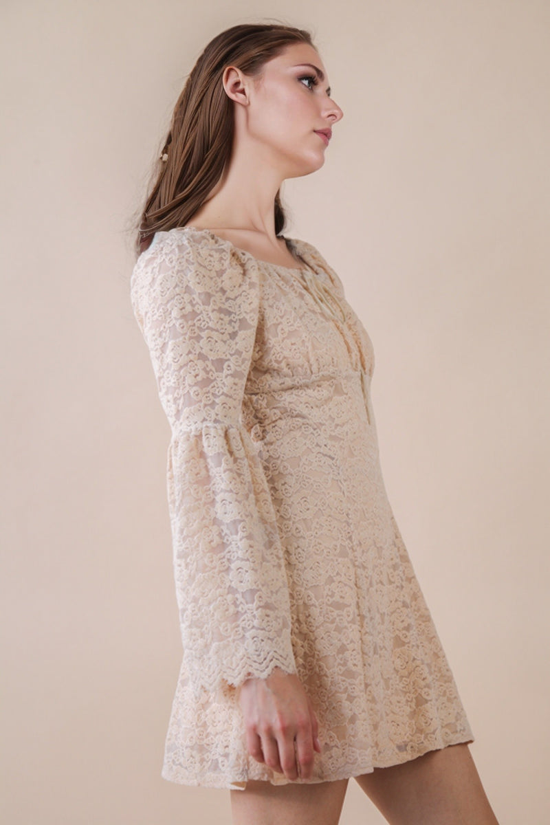 Champagne Textured Lace Bell Sleeve Mini Dress