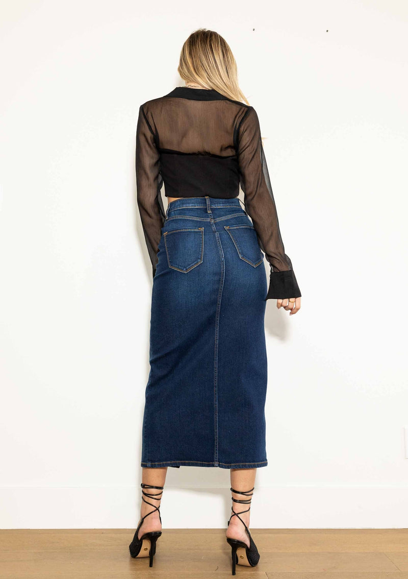 Y2K Front Slit Column Denim Skirt - Vibrant MIU