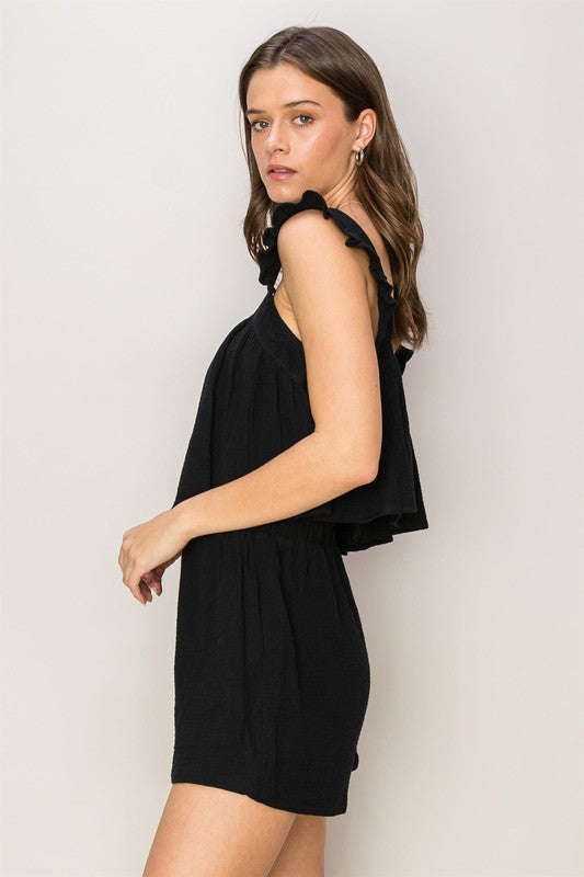 Double Gauze Top And Shorts Set in Black