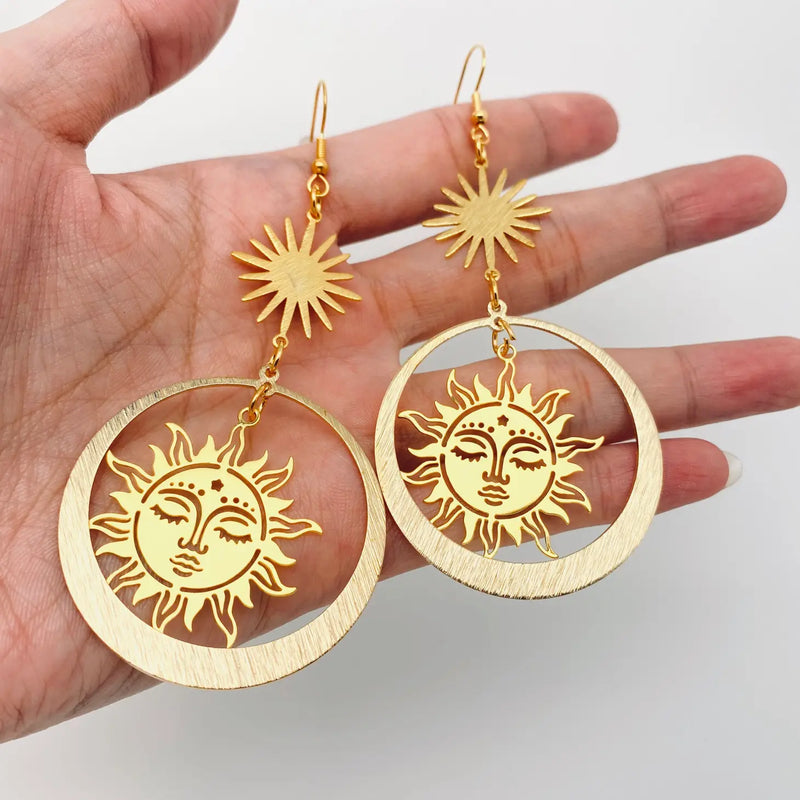 Golden Sun Goddess Pendant Earrings Bohemian Style