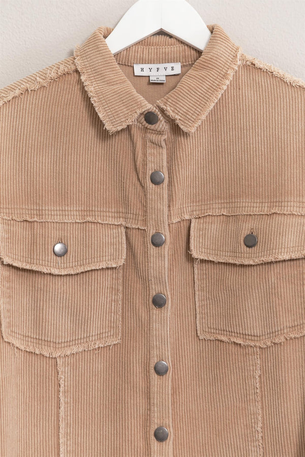 Washed Corduroy Frayed Shacket (Taupe)