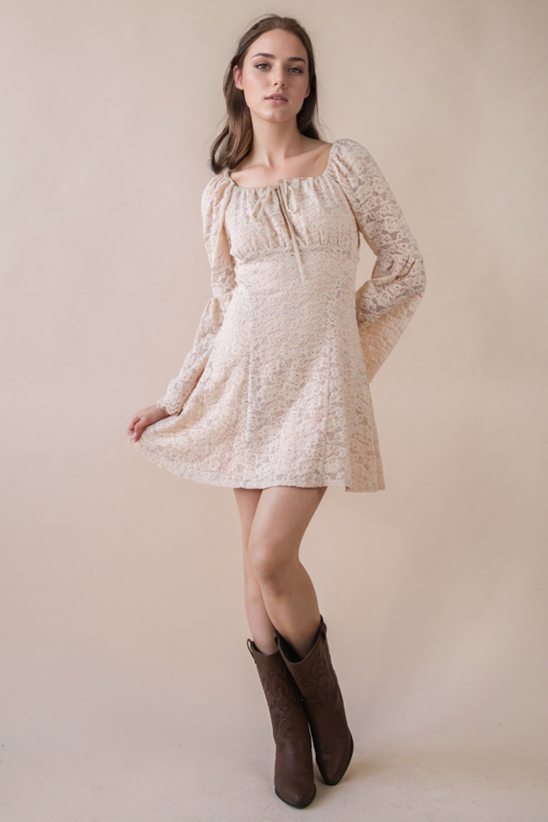 Champagne Textured Lace Bell Sleeve Mini Dress