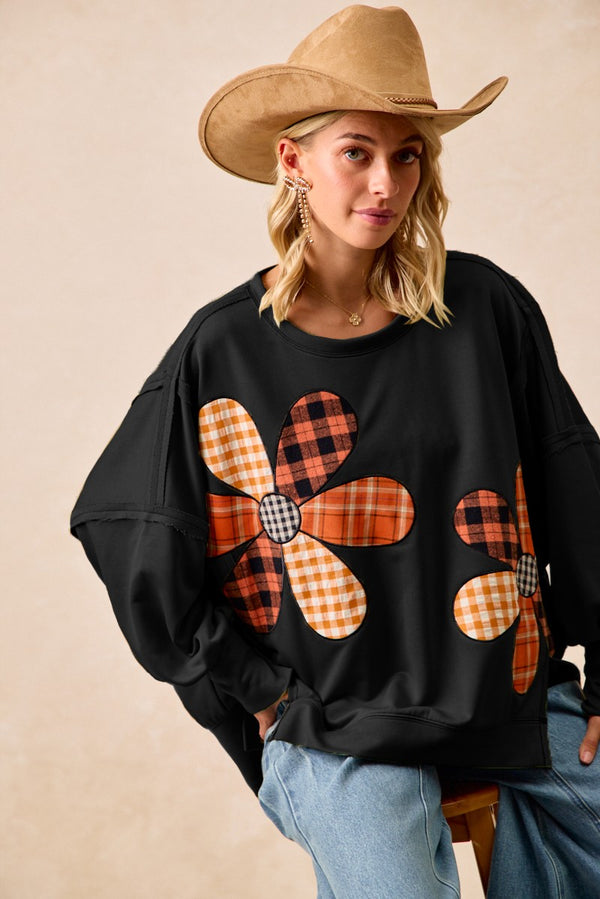 Black Plaid Mix Flower Patchwork Cut Edge Detail Oversized French Terry Sweater (S-XL available)