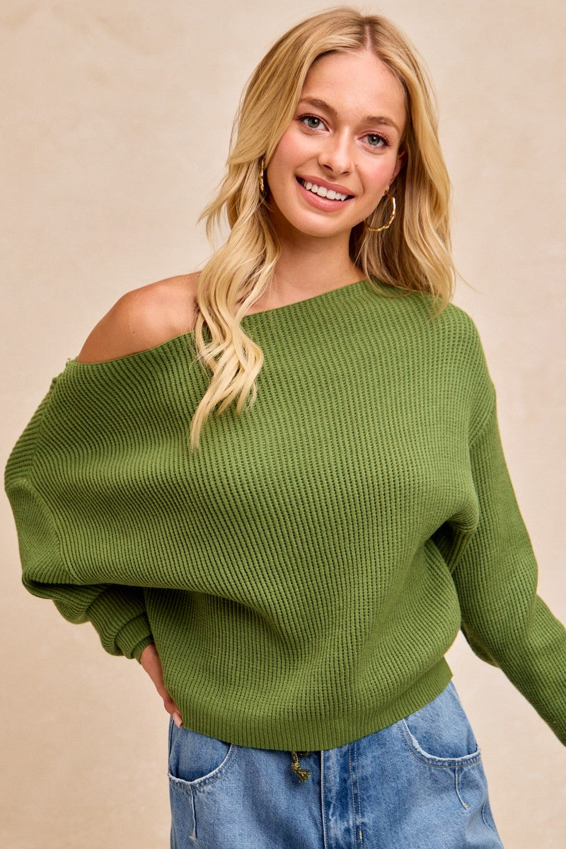 Olive Waffle Knit Off Shoulder Top (S-XL available)
