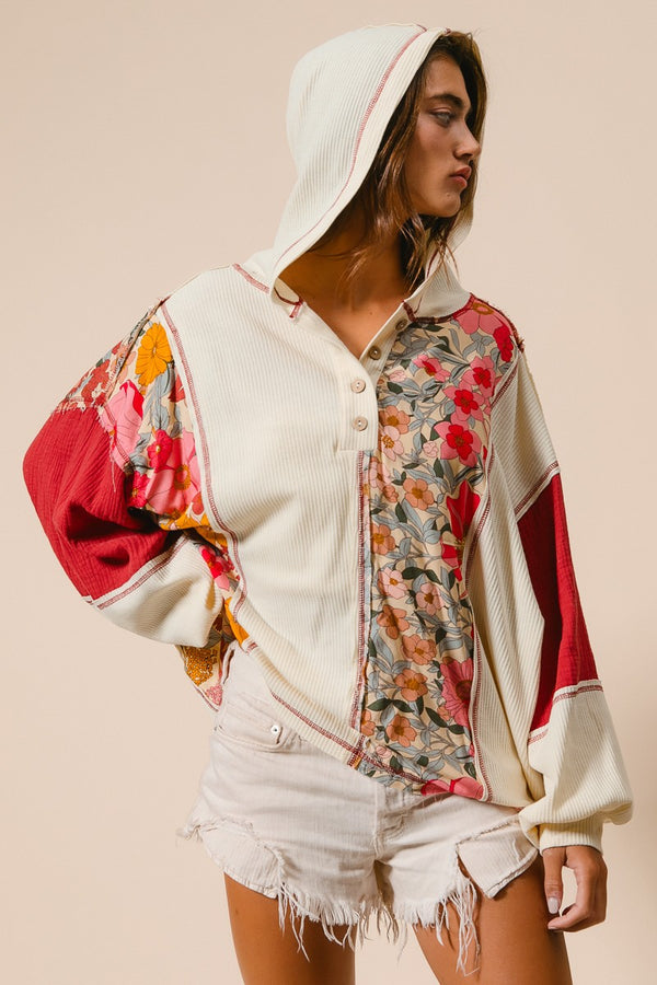 Knit and Print Mixed Hoodie Top (S-XL available)