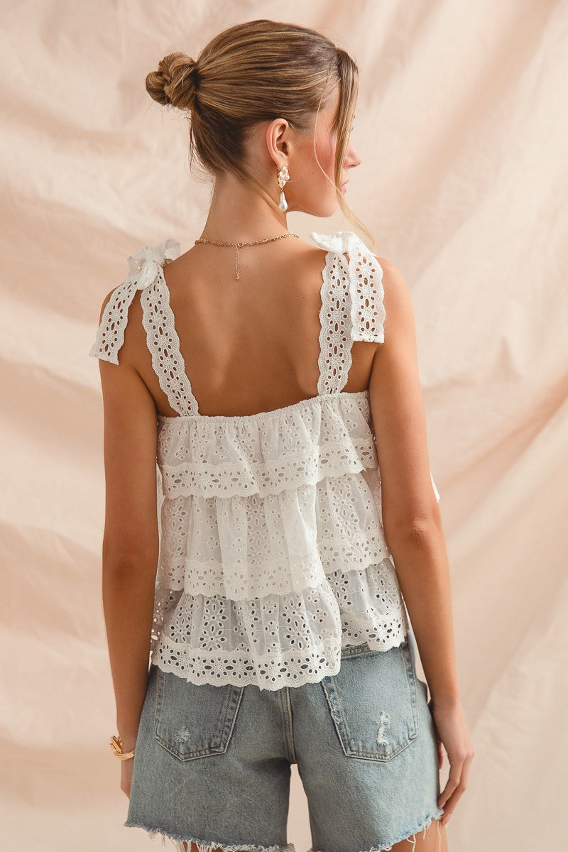 Eyelet Tiered Lace Trim Top With Lace Trim Tie (SIZE S-XL)