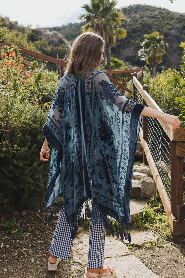 Velvet Mesh Tapestry Tassel Kimono in Blue - One Size