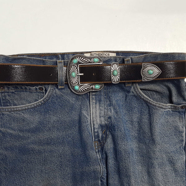 Vintage Leather belt with Western Buckle Set - Black w. Blue Stone