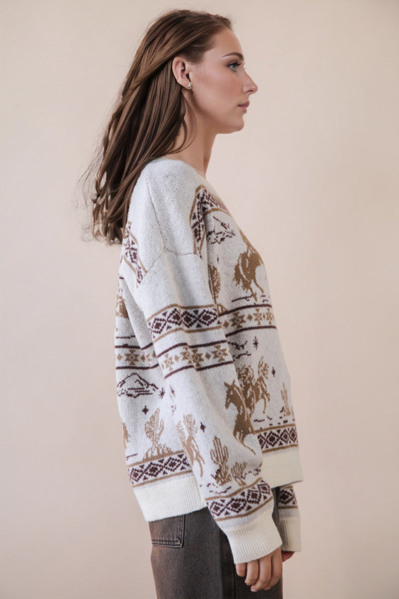 Oversized Western Graphic Knit Sweater Top in Natural
