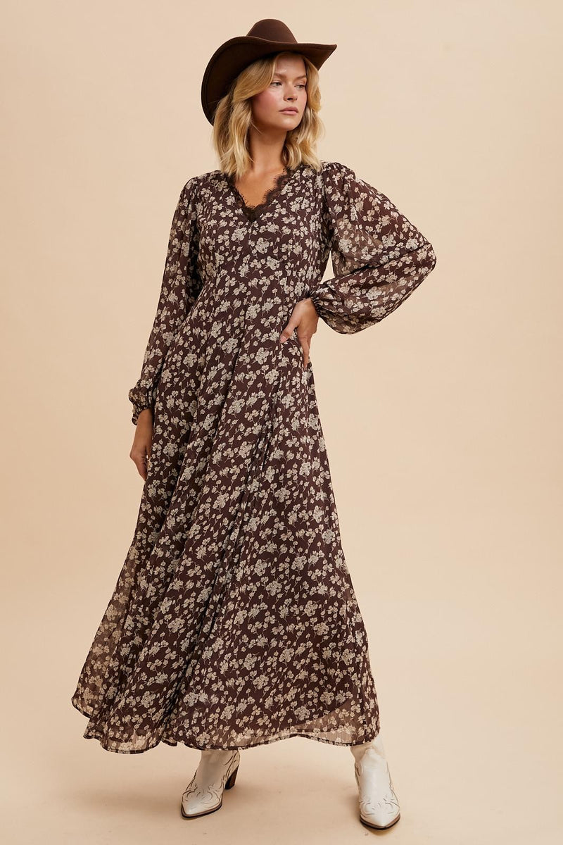 FLORAL LACE MAXI DRESS (Mocha)