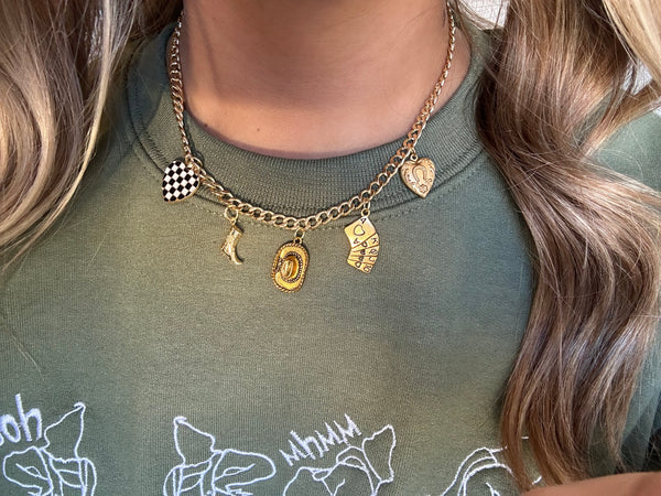 Checkered Cowboy Charm Necklace - Gold Plated Chain