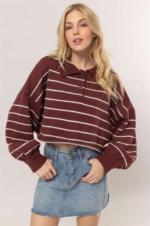 Striped Half-Placket Sweater (Dark Cherry)