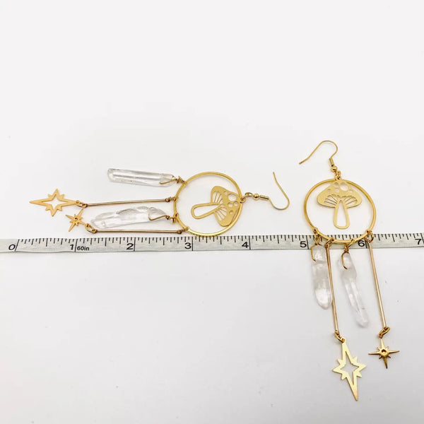 Bohemian Quartz Crystal Golden Mushroom Pendant Earrings
