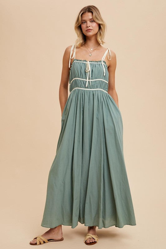 COTTON BLEND CONTRAST TRIM MAXI DRESS- in Elemental Blue-Final Sale