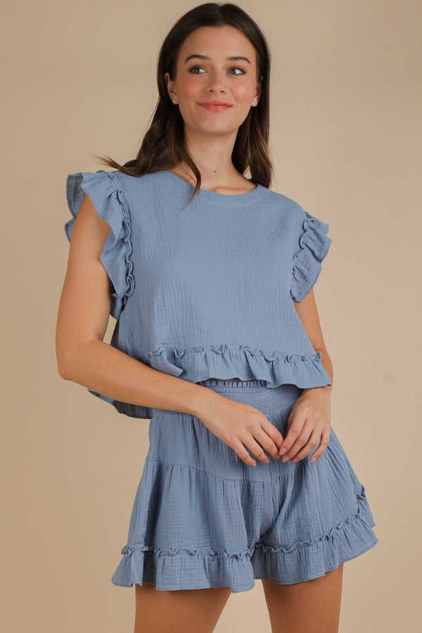 Ruffled Solid Woven Top & Shorts Set in Denim (TOP ONLY)