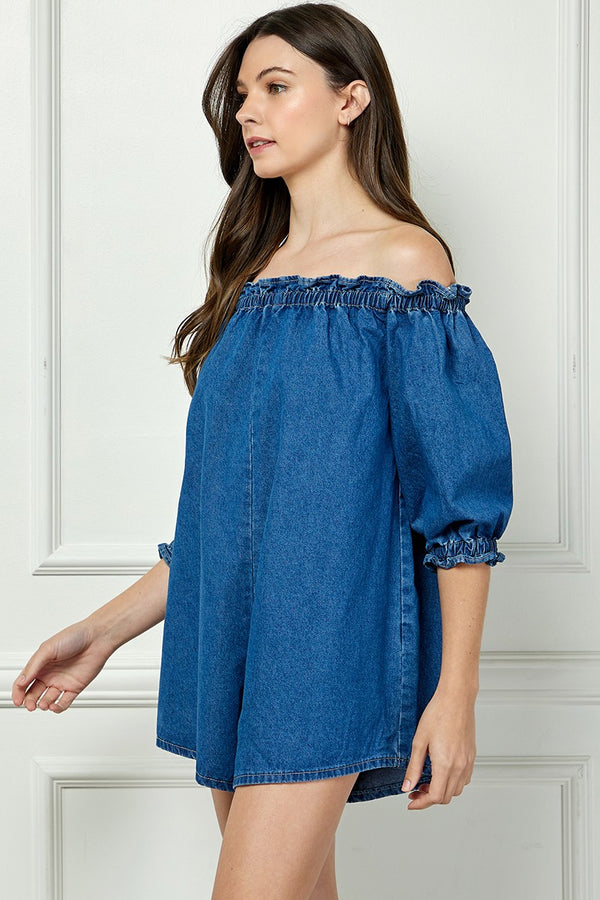 Off Shoulder Denim Romper in Dark Wash
