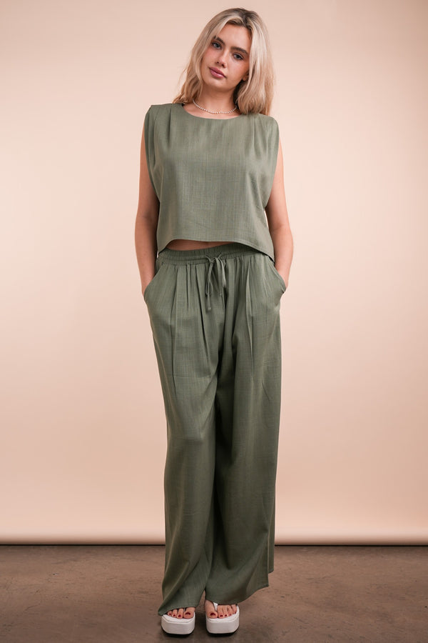 Solid Woven Top & Pants Set in Olive (TOP ONLY)