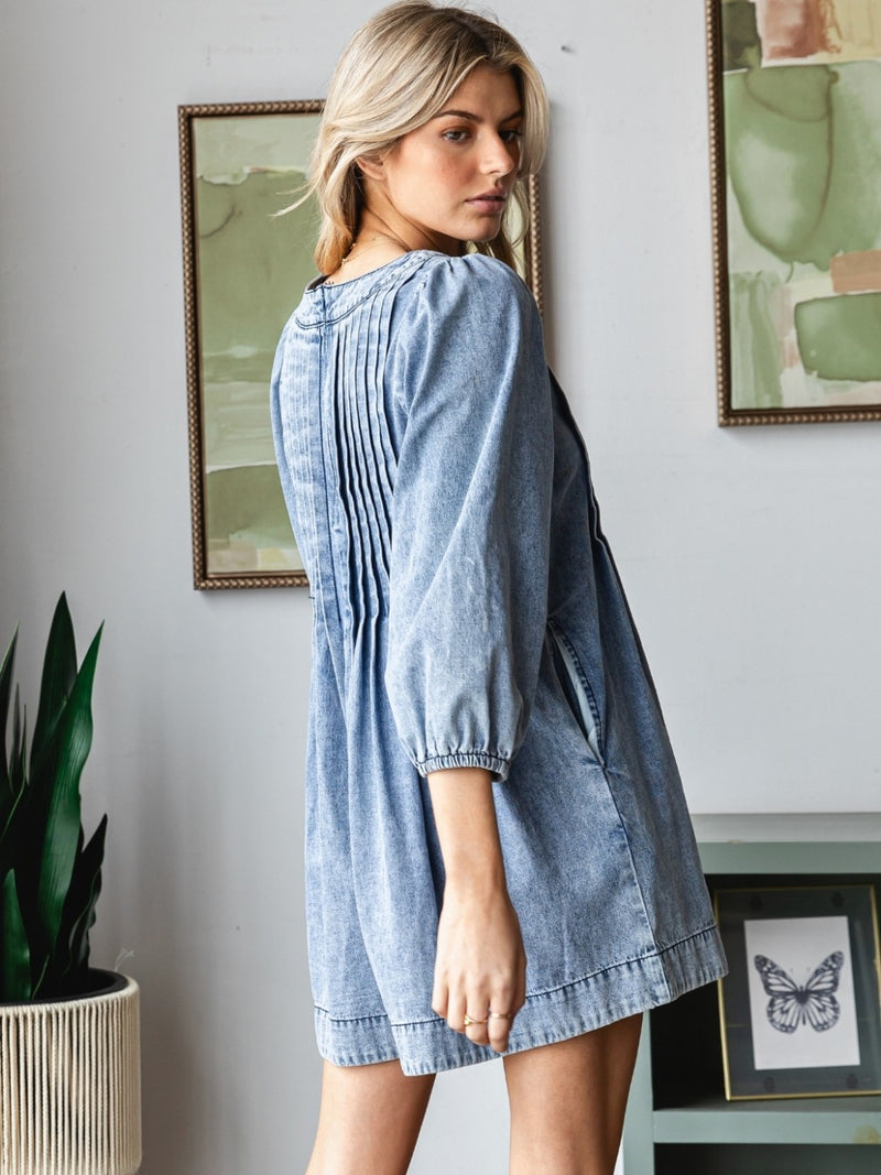 V-Neck Puff Sleeve Denim Romper - Medium Wash