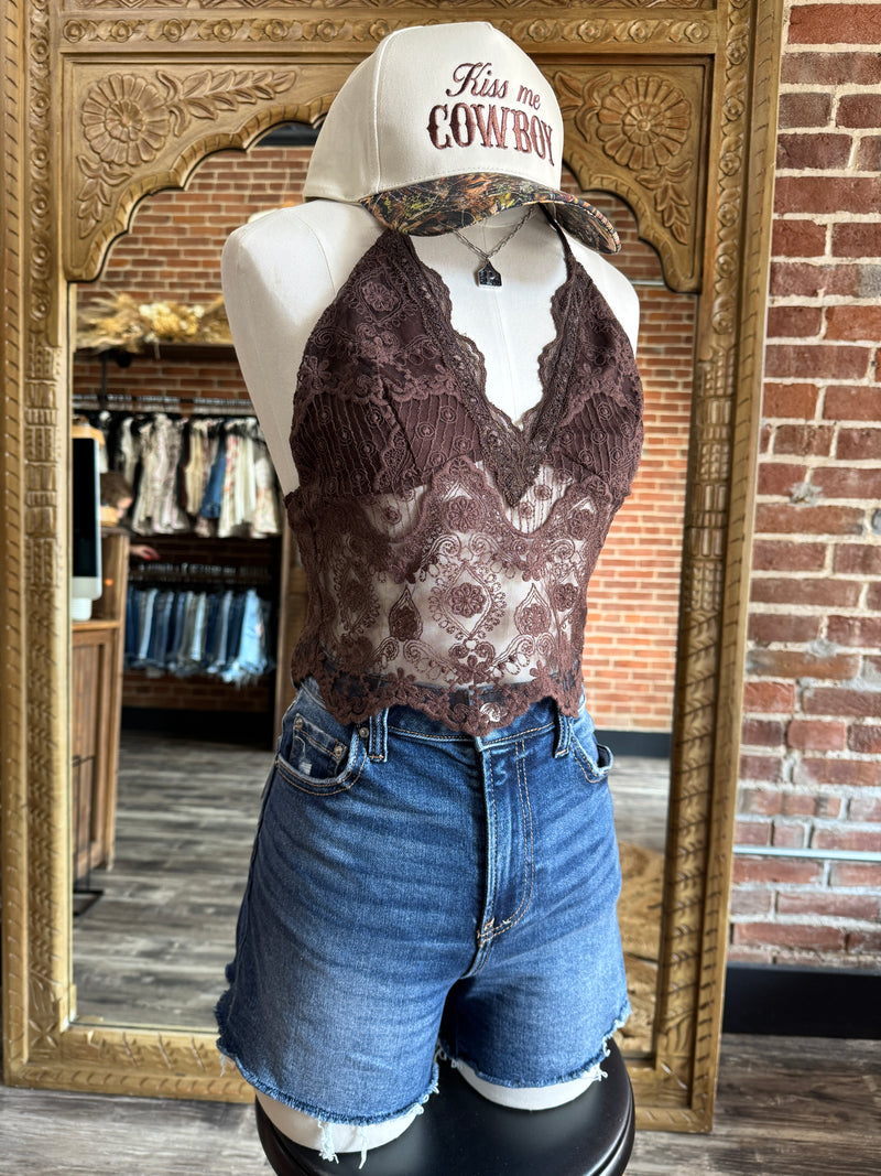 Lace Halter Cami Top Plunging V-Neck Neckline