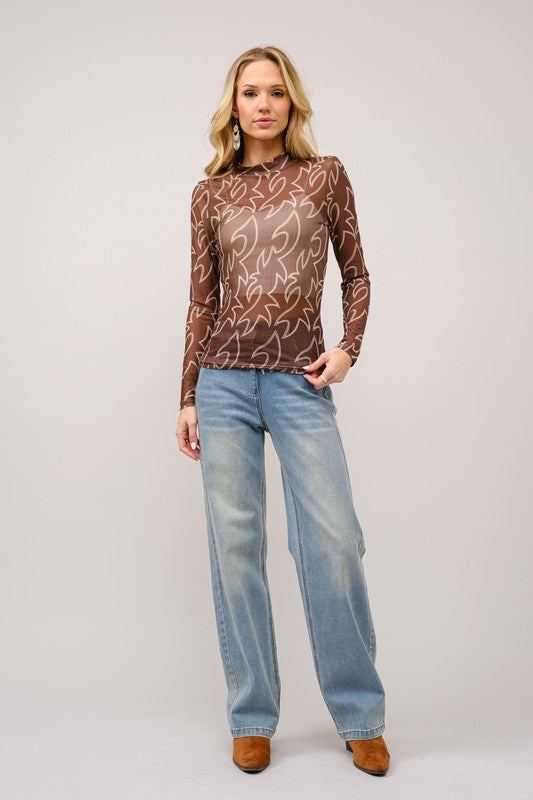 Boot Stitch Mock Neck Layering Long Sleeve Top - Brown