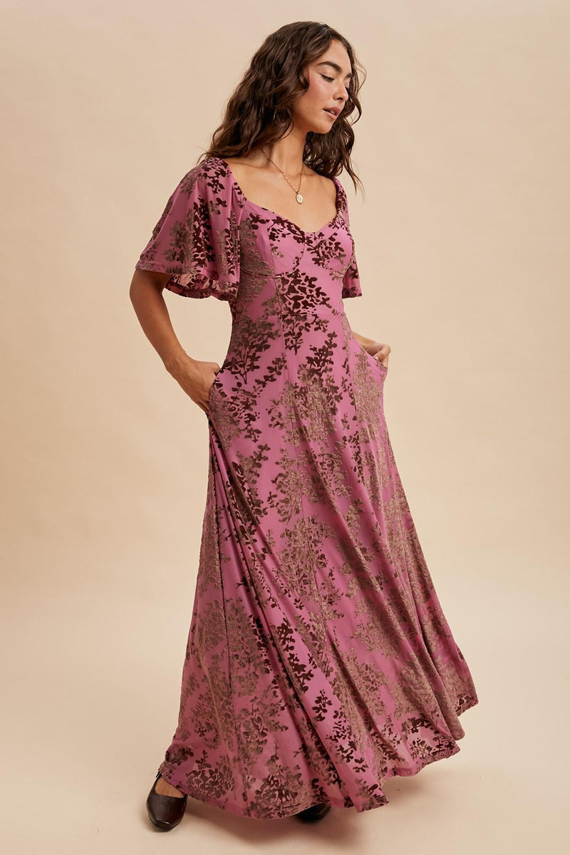 Burnout Velvet Flutter Maxi Dress in Sugar Plum