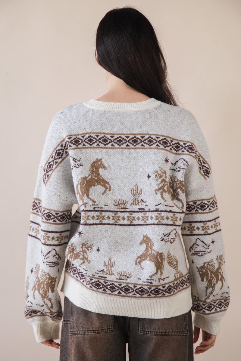Oversized Western Graphic Knit Sweater Top in Natural