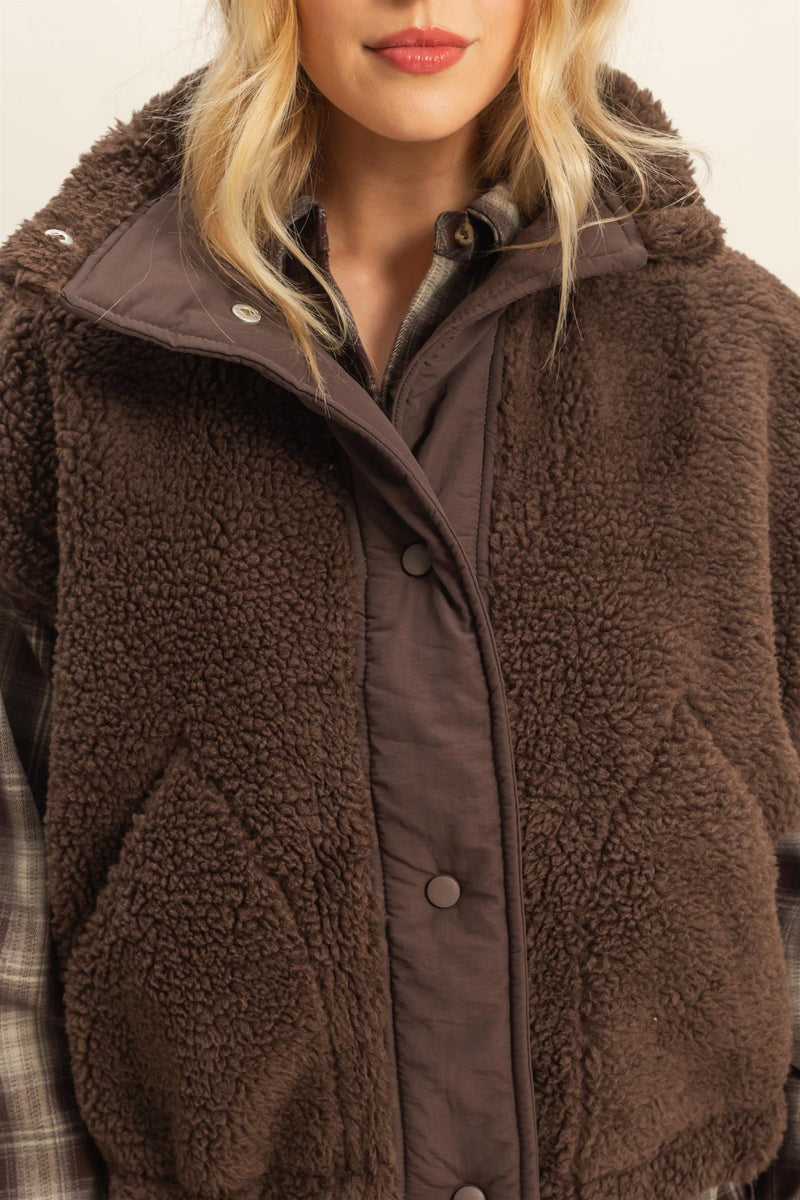 Brown Cozy Sherpa Vest Jacket With Tie-up Side Details