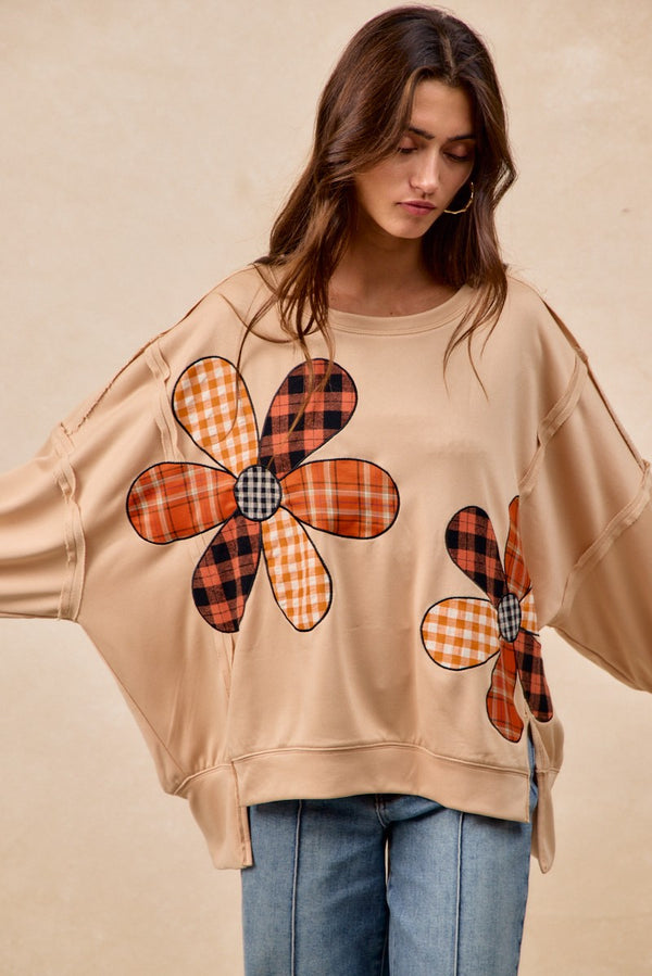 Oatmeal Plaid Mix Flower Patchwork Cut Edge Detail Oversized French Terry Sweater (S-XL available)