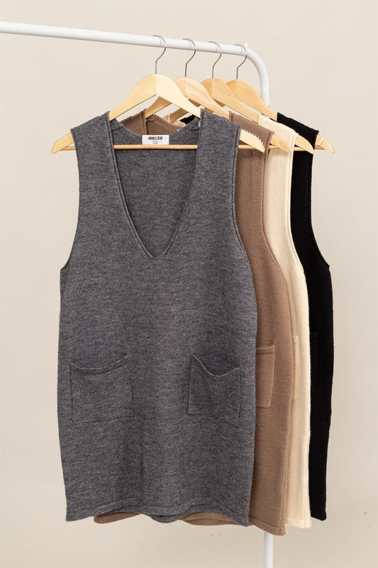 KNIT POCKET PINAFORE MINI DRESS (CHARCOAL)