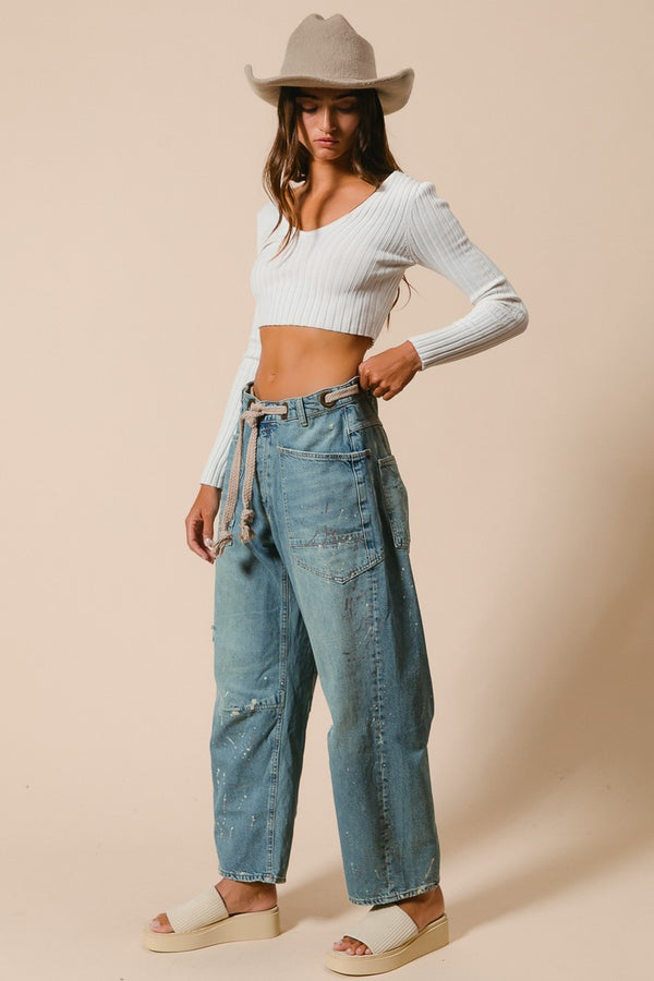 Braided Waist Belt Drip Paint Washed Denim Pants