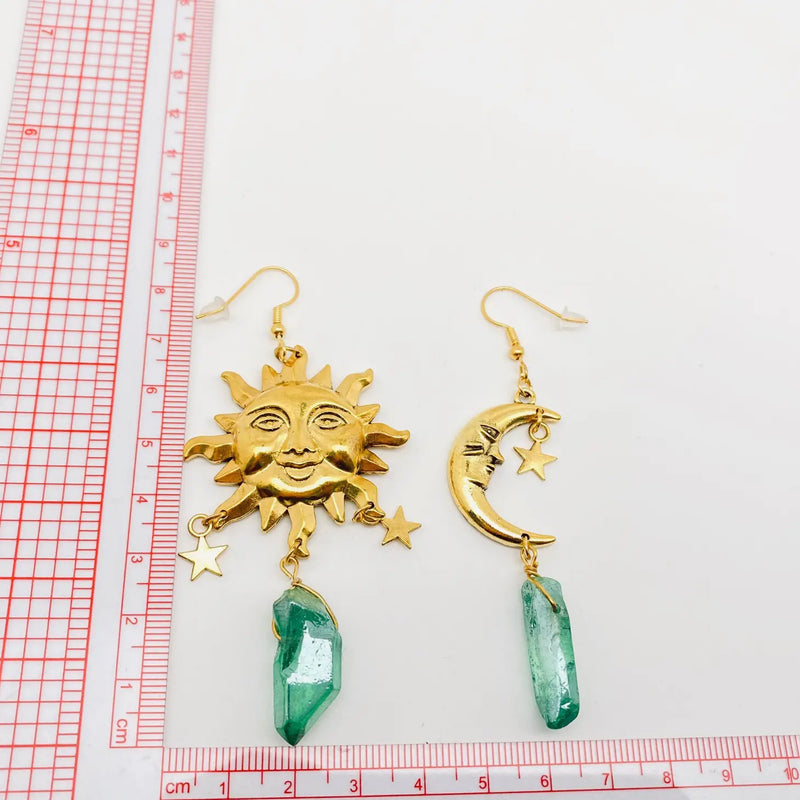 Asymmetric Sun and Moon Green Crystal Pendant Earrings