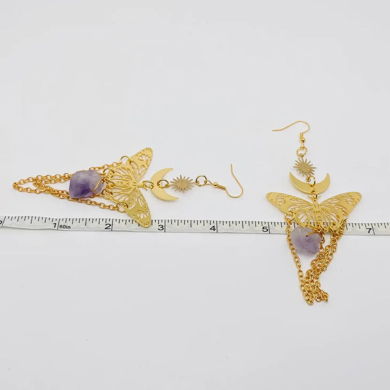 Butterfly Amethyst Pendant Chain Tassel Earrings